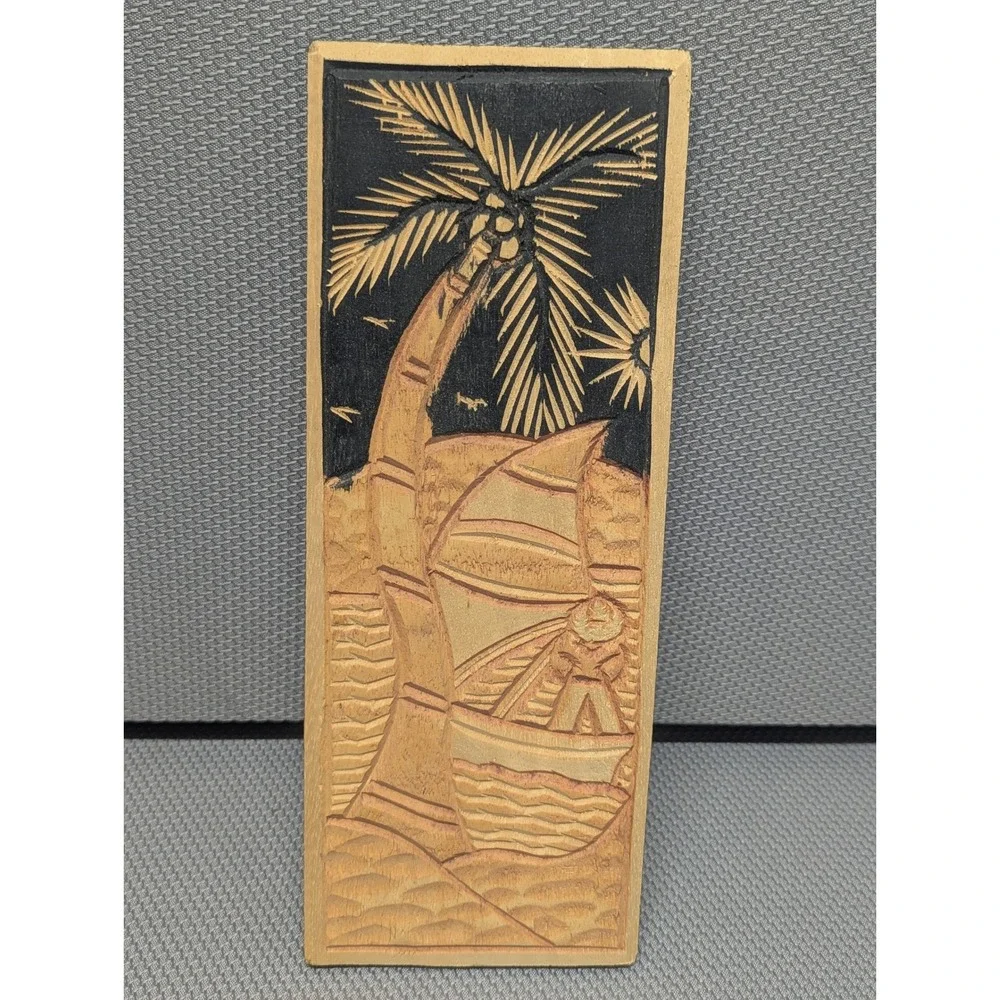 VTG Hand Carved Wood Tropical Palm Tree Sailboat Wall Plaque Art Relief Portugal